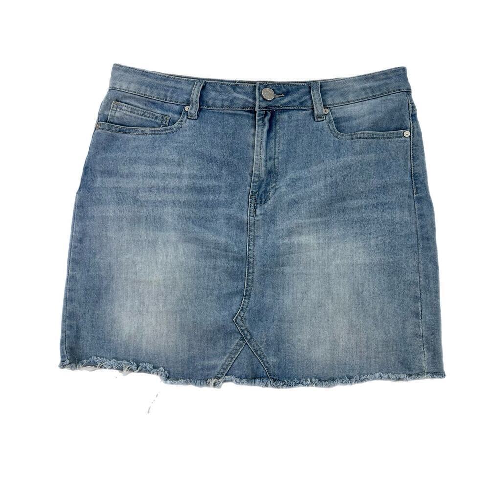 Indigo Rein Denim Jean Mini Skirt Women 13/30 Med Wash Blue Frayed Hem Western